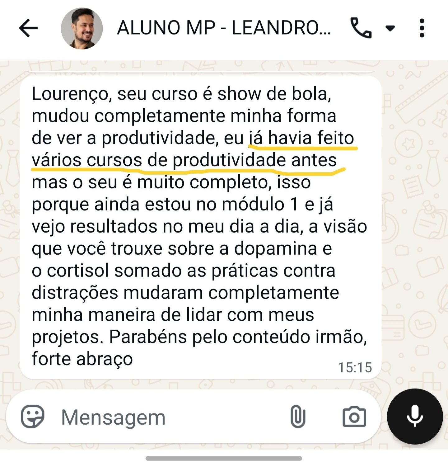 Depoimento real via WhatsApp — Leandro